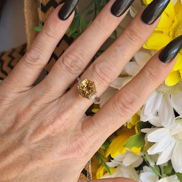 Citrine Hexagon Shape Ring In Platinum Over 925 Sterling Silver - Picture 4 of 6